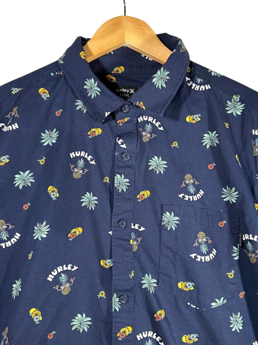 Hurley Mens L Hawaiian Shirt Navy Pineapple Tropical Stretch Short Sleeve